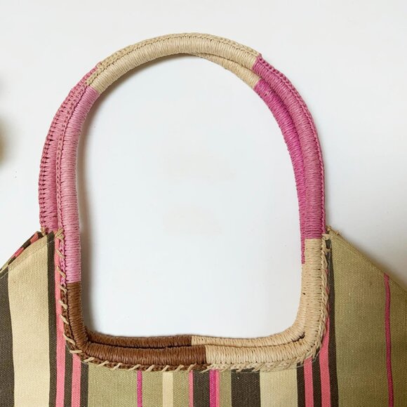 SKONDRAS Natural Woven Straw and Colorful Striped Fabric Tote Bag - Picture 4 of 9